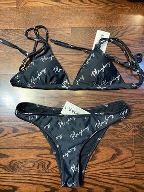 Brand New Vintage Playboy Swimwear 2piece Bikini Set Black L